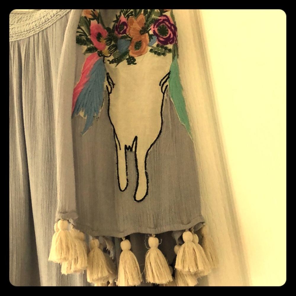 NWT grey dress with fringed sleeves